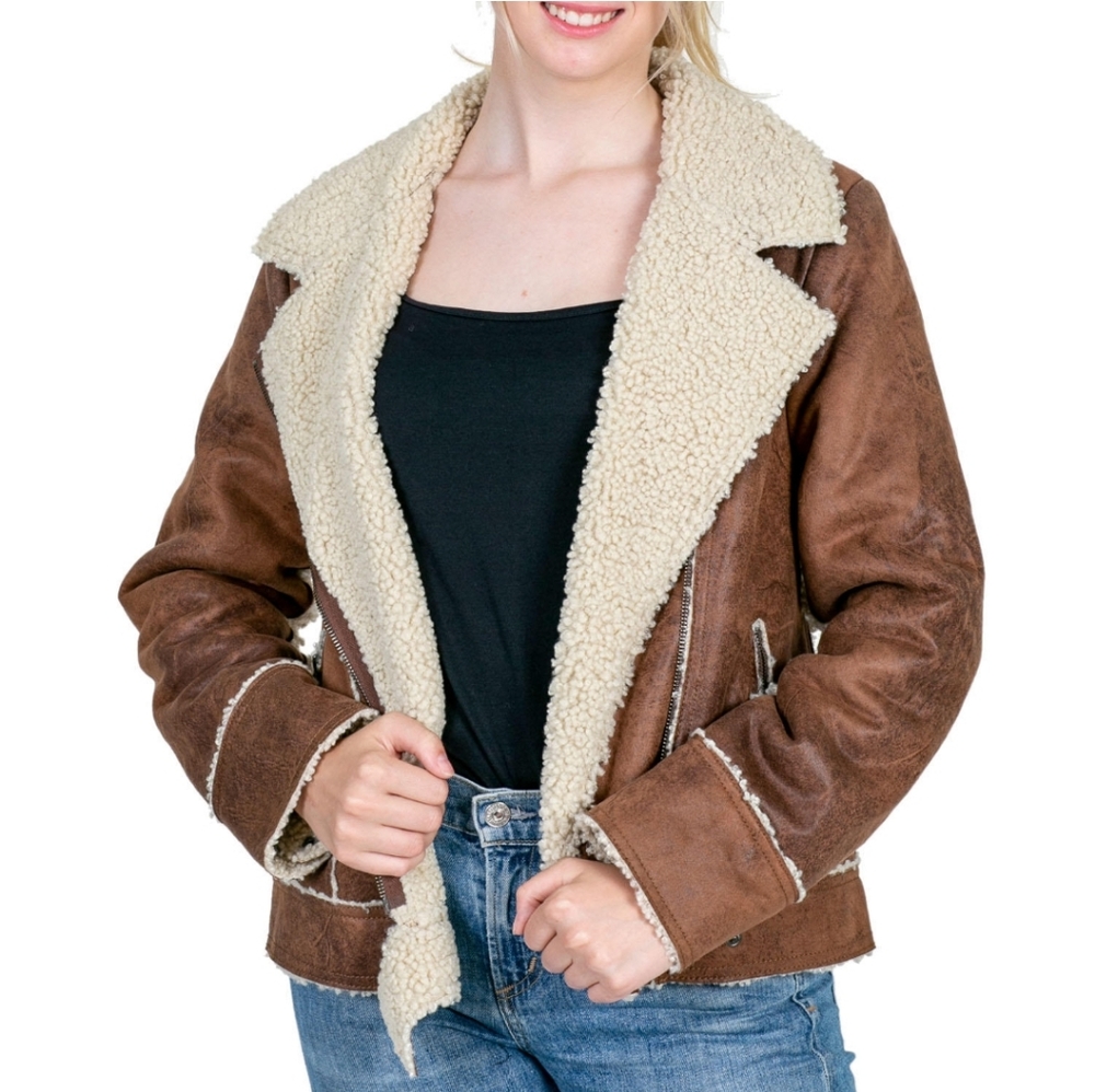 🏷️Marrakech Marissa Sherpa Lined Moto Jacket Women's Distressed Brown Large - Picture 2 of 5